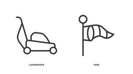 set of agriculture and farm thin line icons. agriculture and farm outline icons included lawnmower, vane vector.