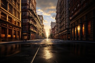 perspective of a street view of a retro urban city. 1900s city street view. sunset alley.