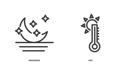 set of weather thin line icons. weather outline icons included moonrise, hot vector.