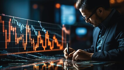businessman working on tablet computer with stock market graph and candlestick chart
