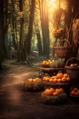 A basket of pumpkins and leaves on a wooden table, concept of Harvest season 