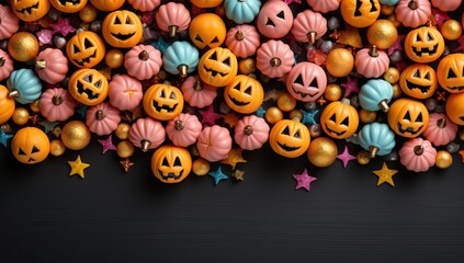 Obraz premium Halloween background with pumpkins and candies. Top view with copy space
