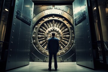 Businessman looking at a big bank vault door in a modern building - obrazy, fototapety, plakaty
