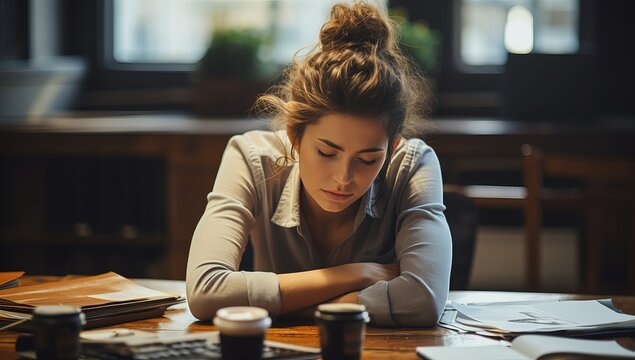 Tired young woman sleeping at desk in office. Tired businesswoman resting at workplace.