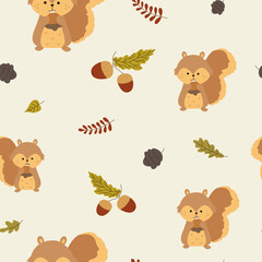 Seamless forest pattern with cute forest animals - fox, deer, hedgehog, squirrel, bear illustrations. Vector illustration