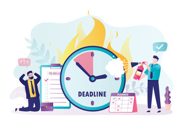 Unhappy employees near burning stopwatch, deadline concept. Alarm clock in fire. Be in time. Stress from being overwhelmed, heavy work schedules. Manager with burnout, psychological pressure.