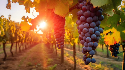 Ripe red grapes on vineyards in autumn harvest. Close-up of ripe red grapes on vine. - obrazy, fototapety, plakaty