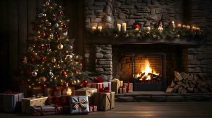 Fototapeta na wymiar Christmas tree with bright lights and presents