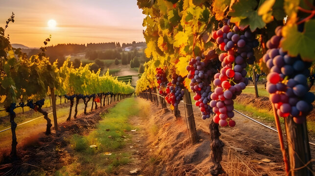 Ripe red grapes on vineyards in autumn harvest. Close-up of ripe red grapes on vine.	