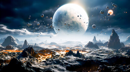 Beautiful fantastic space landscape, planets, moon, surface of planet with heels and magma.