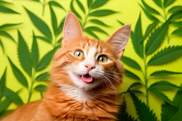 Funny red cat with tongue out standing in front of green backdrop with cannabis leaves.