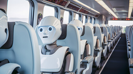 Robots androids ride the train, robots sitting in passenger train car.