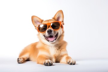Close portrait of welsh corgi pembroke dog in fashion sunglasses. Funny pet on clear white background. Puppy in eyeglass. Fashion, style, cool animal concept with copy space 