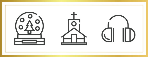 winter outline icons set. linear icons sheet included snow globe, chapel, earmuffs vector.