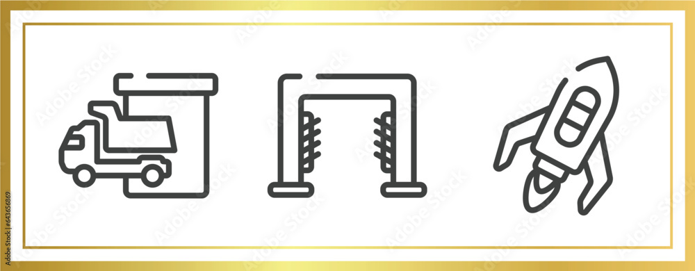 Poster transporters outline icons set. linear icons sheet included loading/unloading area, carwash hine, fl