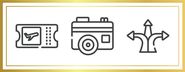 travel and tourism outline icons set. linear icons sheet included boarding card, vintage digital photo camera, directions arrows vector.
