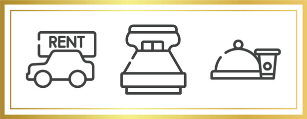 airport and travel outline icons set. linear icons sheet included rent a car, king size, snacks vector.