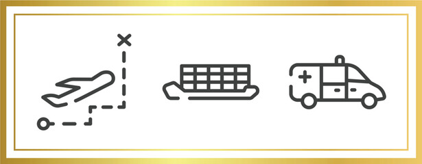 transporters outline icons set. linear icons sheet included direct flight, container ship side view, ambulance side view vector.