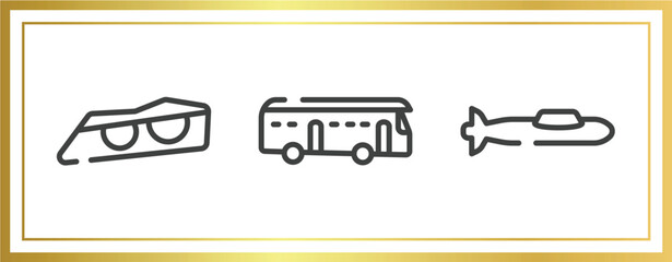 transporters outline icons set. linear icons sheet included car lights, checker, submarine side view vector.