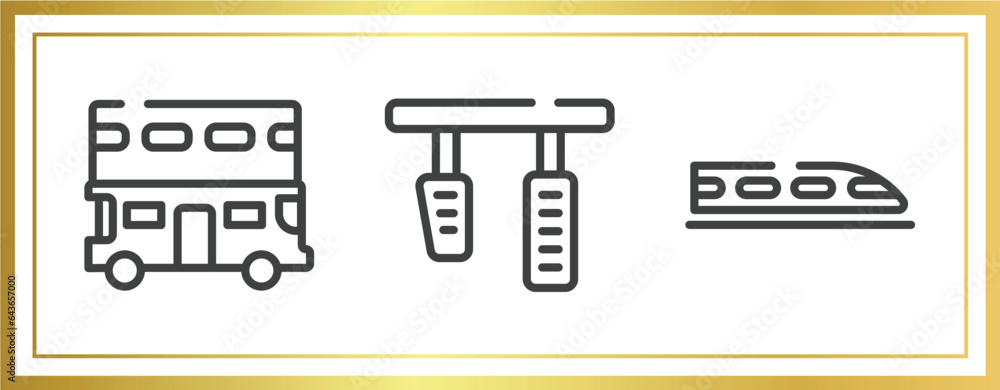 Poster public transportation outline icons set. linear icons sheet included double decker, brake pedal, hyp