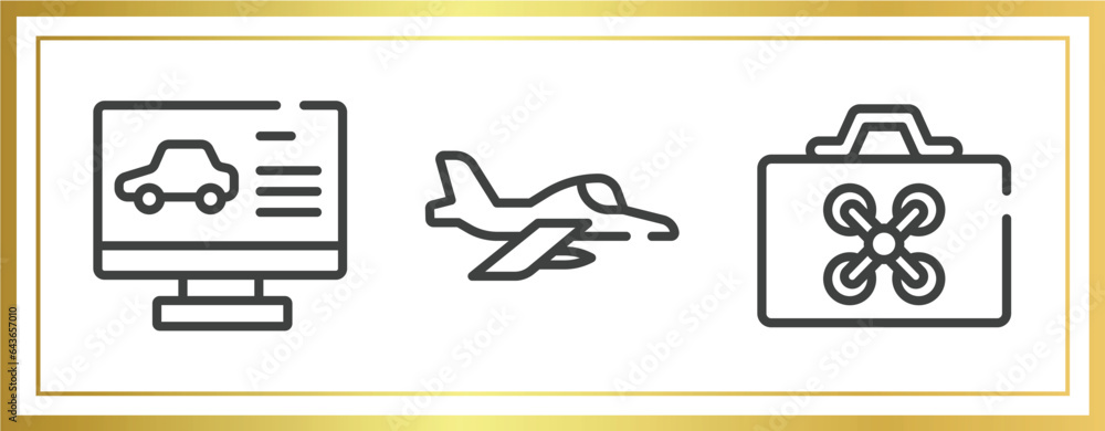 Poster drone outline icons set. linear icons sheet included computer test, army airplane, drone case vector