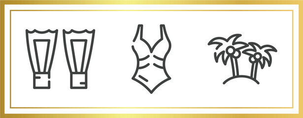 summer outline icons set. linear icons sheet included fins, swimsuit, island with palm trees vector.