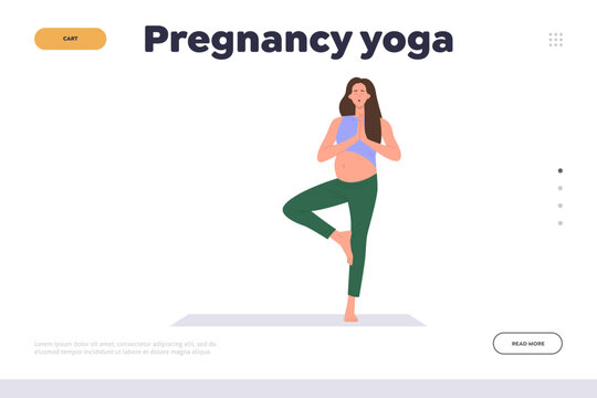 Pregnancy yoga home workout advertising landing page with pregnant woman in tree asana design
