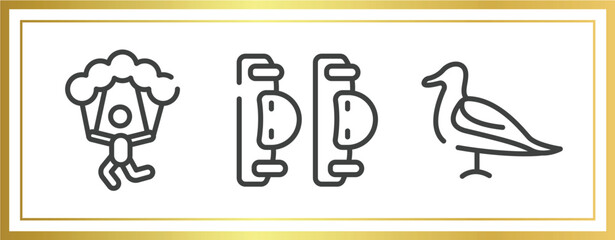 surf outline icons set. linear icons sheet included skydiving, elbow pads, seagulls vector.