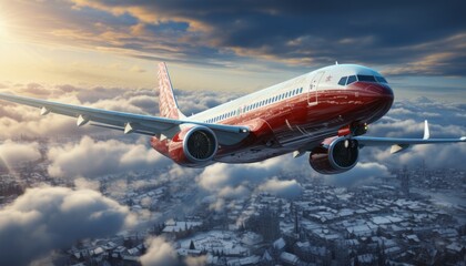 A colorful passenger plane flies over the city on New Year's holiday, an airliner in the sky. Created with AI