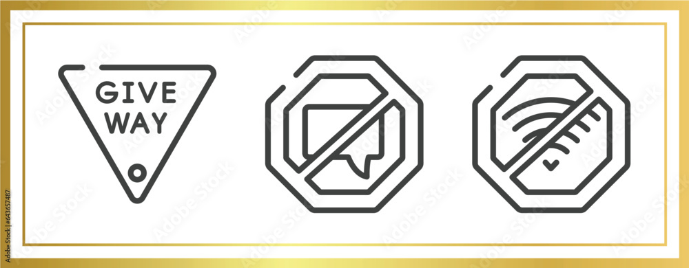 Poster signal and prohibitions outline icons set. linear icons sheet included give way, no chatting, no wif