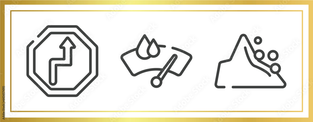 Poster public spaces signals outline icons set. linear icons sheet included bend, winshield wiper, mountain