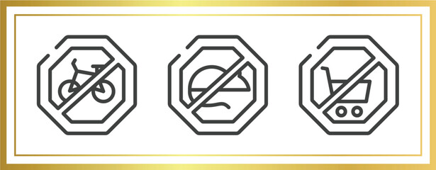 signal and prohibitions outline icons set. linear icons sheet included no bicycle, no rodents, no shopping cart vector.