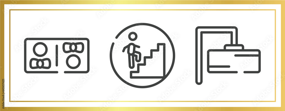 Poster signals outline icons set. linear icons sheet included restroom, walking up stair, rectangular vecto
