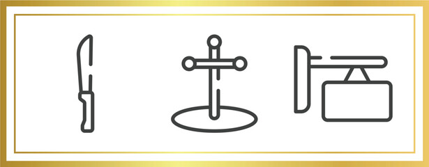signals outline icons set. linear icons sheet included strong knife, cross stuck in ground, store board vector.