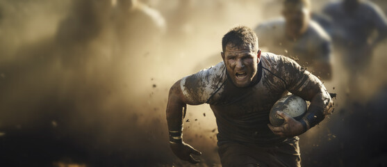 Portrait of a rugby player running with ball outdoors. Sports concept. - obrazy, fototapety, plakaty