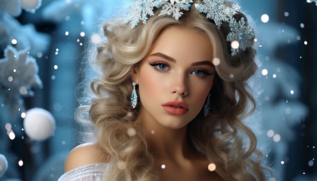 The snow-white skin of a beautiful blonde snow maiden girl, a woman princess in a New Year's outfit made of blue snowflakes. Created with AI