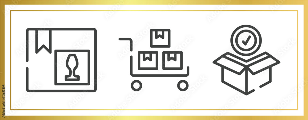 Poster logistic & delivery outline icons set. linear icons sheet included fragile pack, package on trolley,