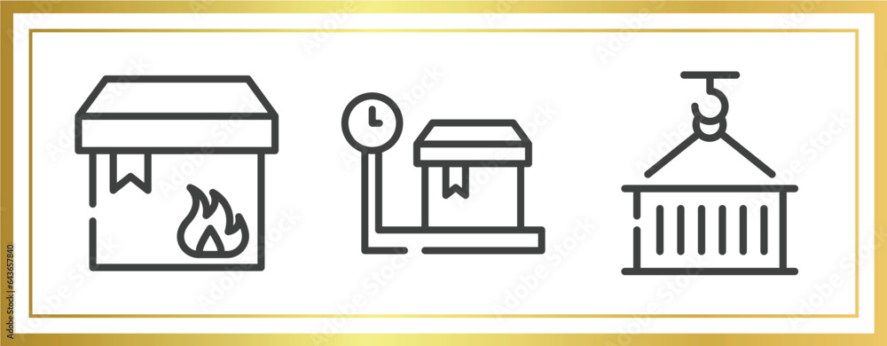 Poster shipping and handly outline icons set. linear icons sheet included flammable package, weighting, use
