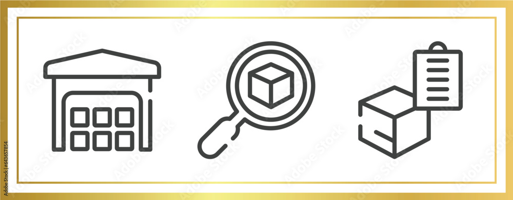 Poster lineal logistic outline icons set. linear icons sheet included piles stored, delivery search, delive