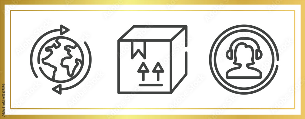 Poster global logistic outline icons set. linear icons sheet included worldwide shipping, cardboard box wit