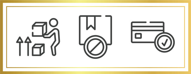logistic delivery instructions outline icons set. linear icons sheet included lift up, prohibited, card check vector.