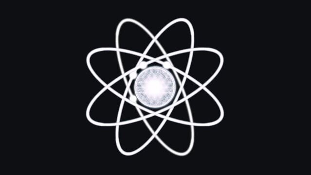 illustration of chemistry and physics,inside an atom, central nucleus made up of positively charged protons and uncharged neutrons, surrounded by negatively charged electron