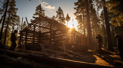 sunset wooden house being built construction site
