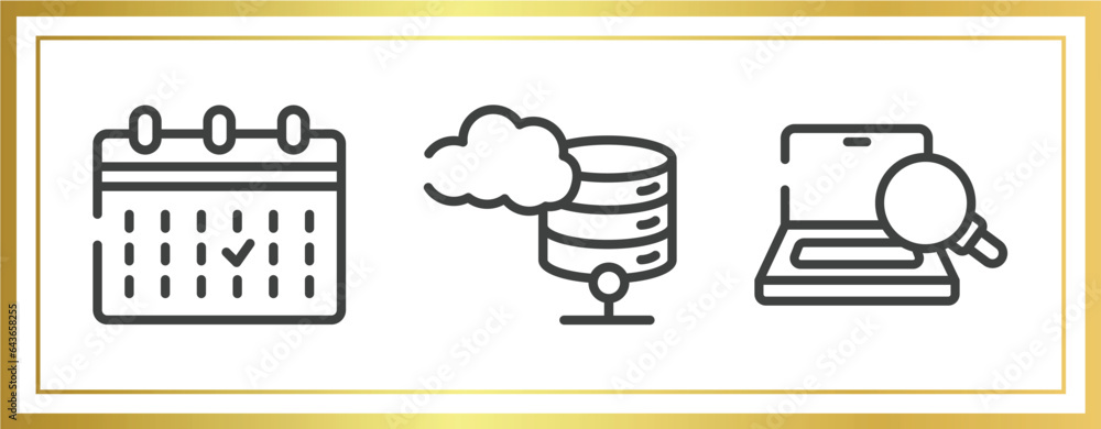 Poster marketing and seo outline icons set. linear icons sheet included calendar event, data cloud, optimiz