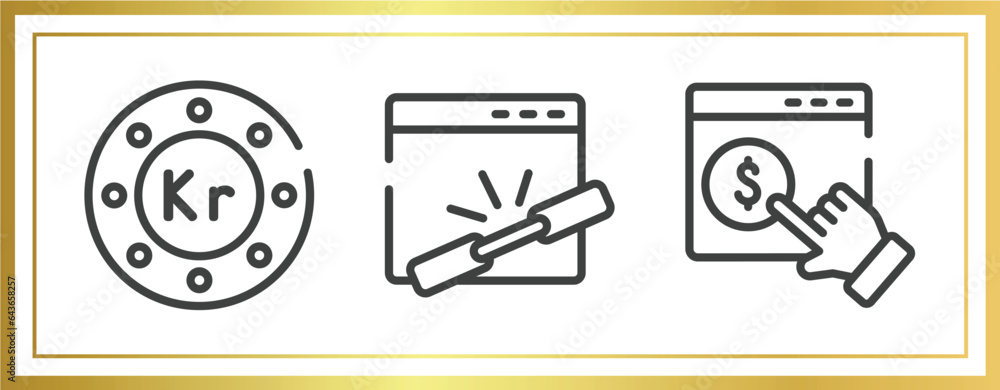 Poster marketing and seo outline icons set. linear icons sheet included null, add link, monetizing vector.