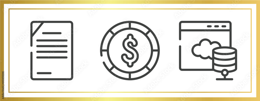 Poster marketing and seo outline icons set. linear icons sheet included content management, big dollar coin