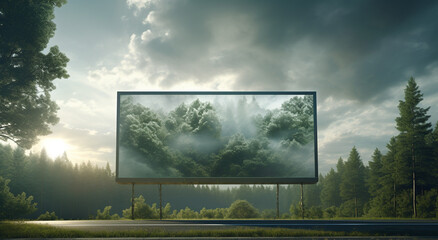 CO2 Carbon Neutral concept against an advertising billboard immersed in nature with forest in the background