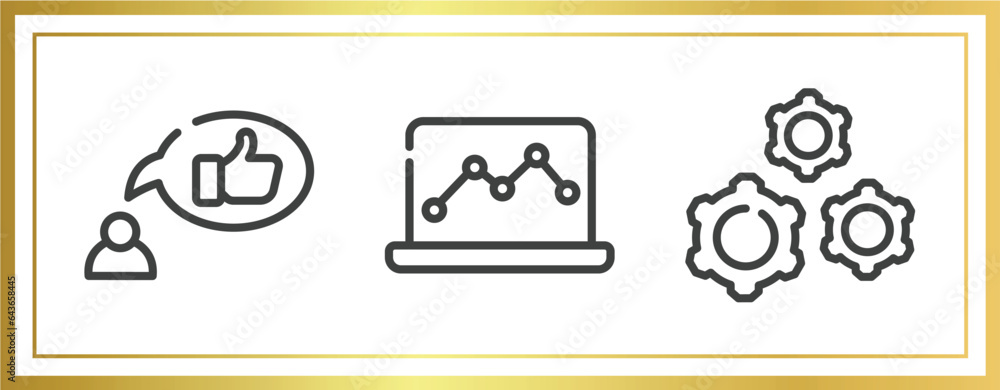 Poster business pack outline icons set. linear icons sheet included recommendation, graph notebook, wheel w