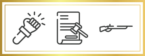 law and justice outline icons set. linear icons sheet included violence, documents, shotgun vector.