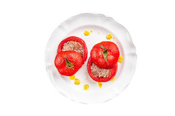 tomato stuffed meat pork, beef, chicken filling tomatoes second course baked vegetable food meal...